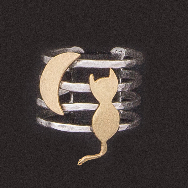 Δαχτυλίδι με Ανάγλυφη Γάτα & Φεγγάρι