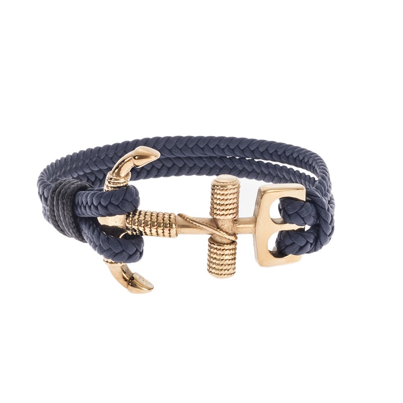 Βραχιόλι  Men's Steel Blue Leather Strap with Gold Anchor