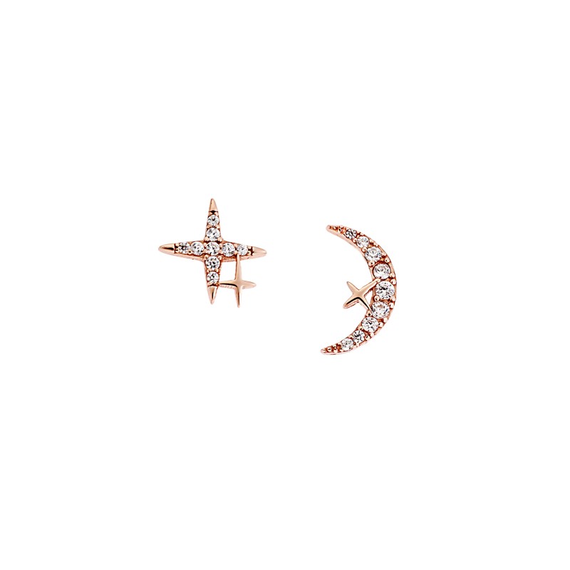 Σκουλαρίκια Γυναικεία  ροζ επιχρυσωμένο ασήμι 925, φεγγάρι με αστεράκι και λευκά ζιργκόν