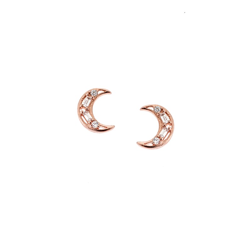 Σκουλαρίκια Γυναικεία  ροζ επιχρυσωμένο ασήμι 925, φεγγάρι με λευκά ζιργκόν