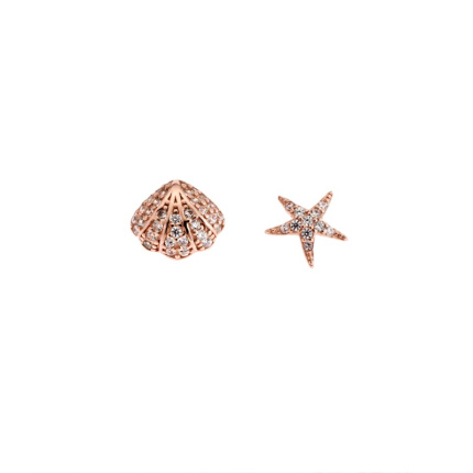 Σκουλαρίκια Γυναικεία  ροζ επιχρυσωμένο ασήμι 925, αστερίας με κοχύλι και λευκά ζιργκόν