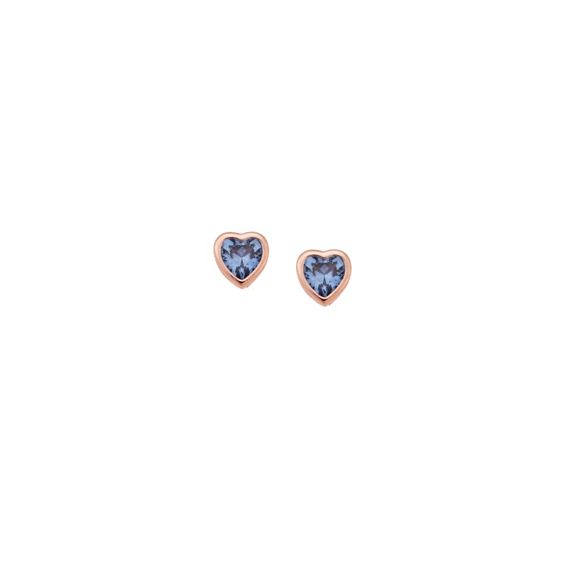 Σκουλαρίκια  ροζ επιχρυσωμένο ασήμι 925, καρδιά με γαλάζιο ζιργκόν