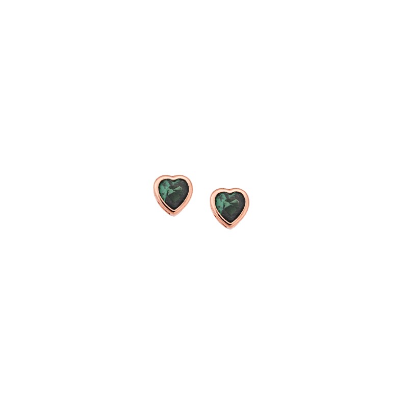 Σκουλαρίκια  ροζ επιχρυσωμένο ασήμι 925, καρδιά με σμαραγδί ζιργκόν