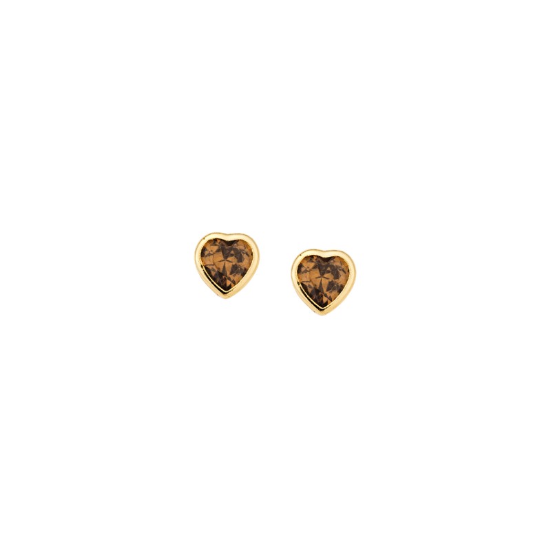 Σκουλαρίκια  κίτρινο επιχρυσωμένο ασήμι 925, καρδιά με καφέ ζιργκόν