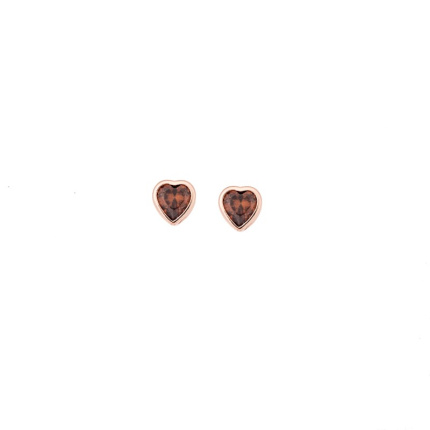 Σκουλαρίκια  ροζ επιχρυσωμένο ασήμι 925, καρδιά με καφέ ζιργκόν