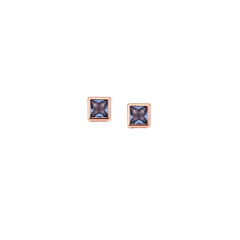 Σκουλαρίκια  ροζ επιχρυσωμένο ασήμι 925, τετράγωνο με γαλάζιο ζιργκόν