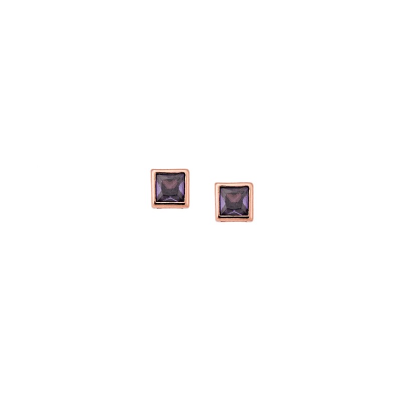 Σκουλαρίκια  ροζ επιχρυσωμένο ασήμι 925, τετράγωνο με μωβ ζιργκόν
