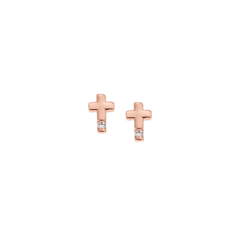 Σκουλαρίκια  ροζ επιχρυσωμένο ασήμι 925, σταυρουδάκι με λευκό ζιργκόν