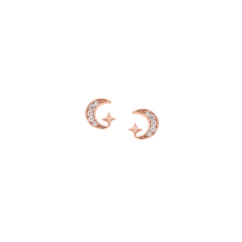 Σκουλαρίκια  ροζ επιχρυσωμένο ασήμι 925, φεγγαράκι με λευκά ζιργκόν