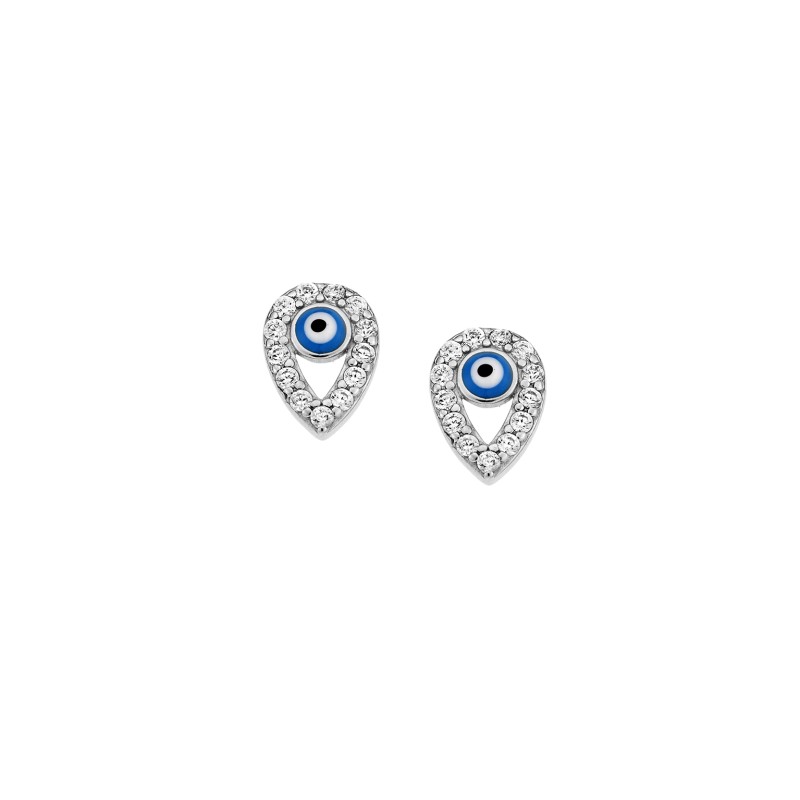 Σκουλαρίκια  ασήμι 925, μάτι σε σχήμα δάκρυ με λευκά και γαλάζια ζιργκόν