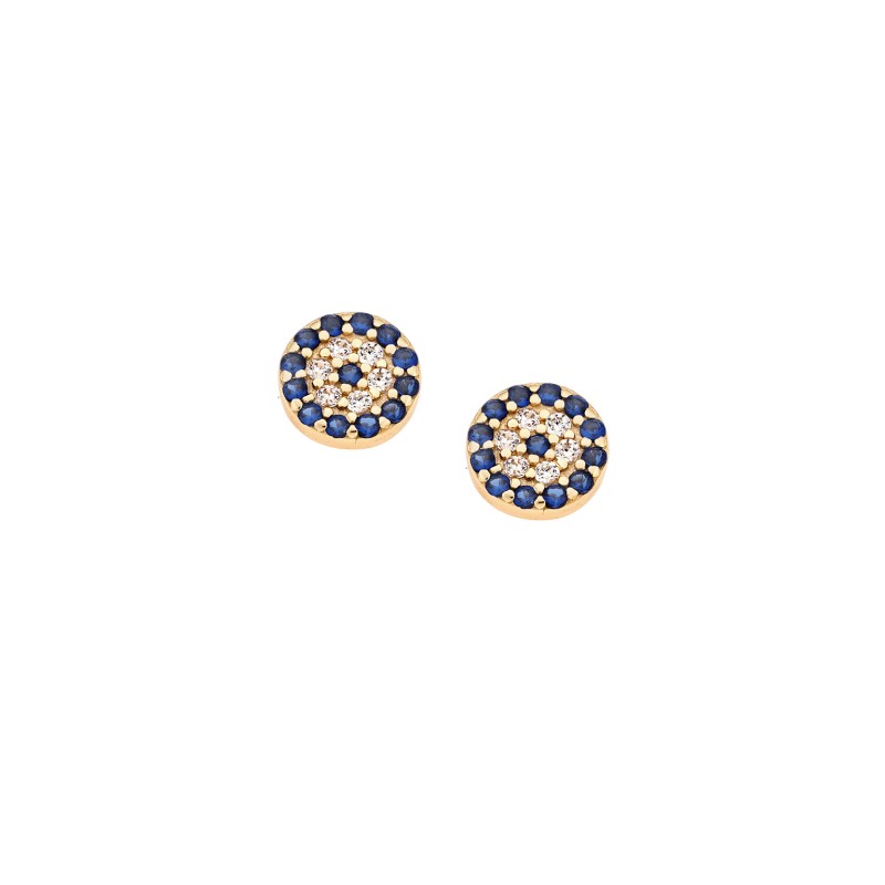 Σκουλαρίκια  επιχρυσωμένο ασήμι 925, μάτι στρογγυλό με λευκά και μπλε ζιργκόν