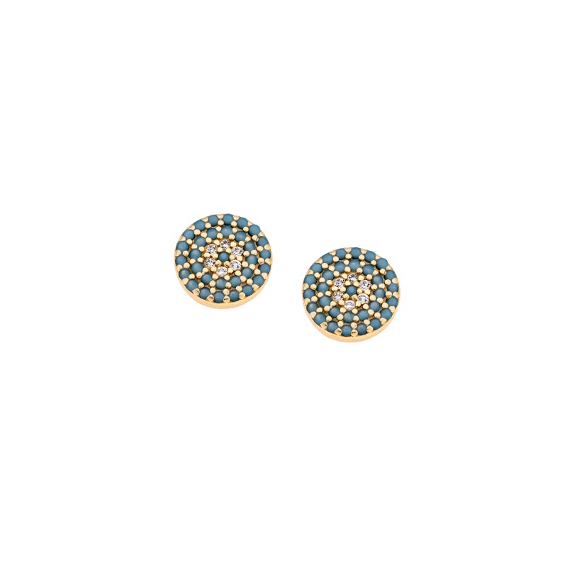 Σκουλαρίκια  επιχρυσωμένο ασήμι 925, μάτι στόχος με λευκά και τυρκουάζ ζιργκόν
