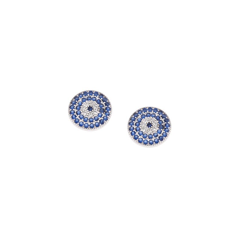 Σκουλαρίκια  ασήμι 925, μάτι στόχος με λευκά και μπλε ζιργκόν
