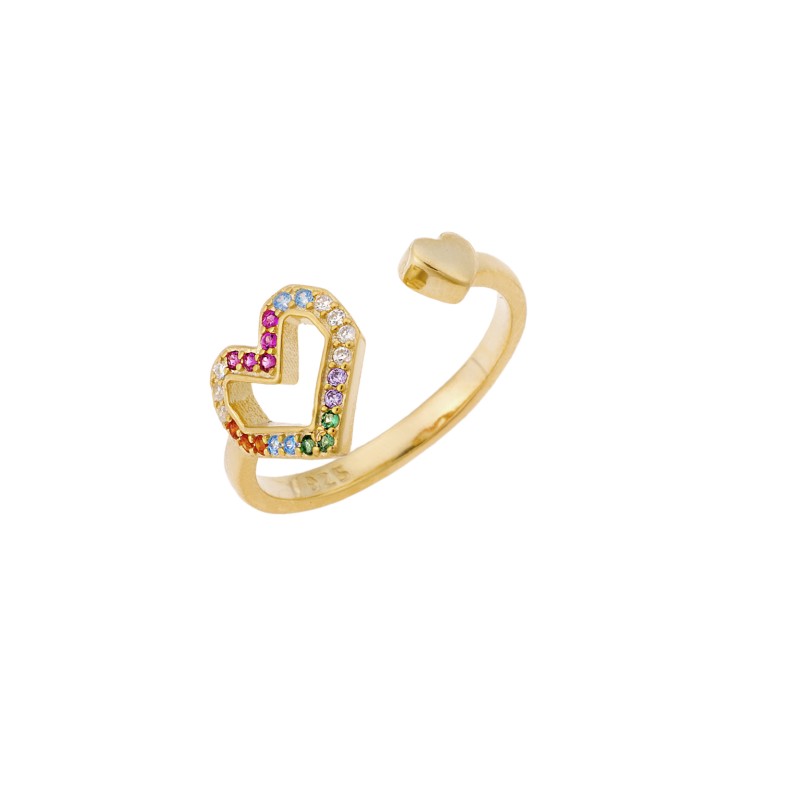 Δαχτυλίδι  κίτρινο επιχρυσωμένο ασήμι 925, βεράκι με με καρδιά και πολύχρωμα ζιργκόν