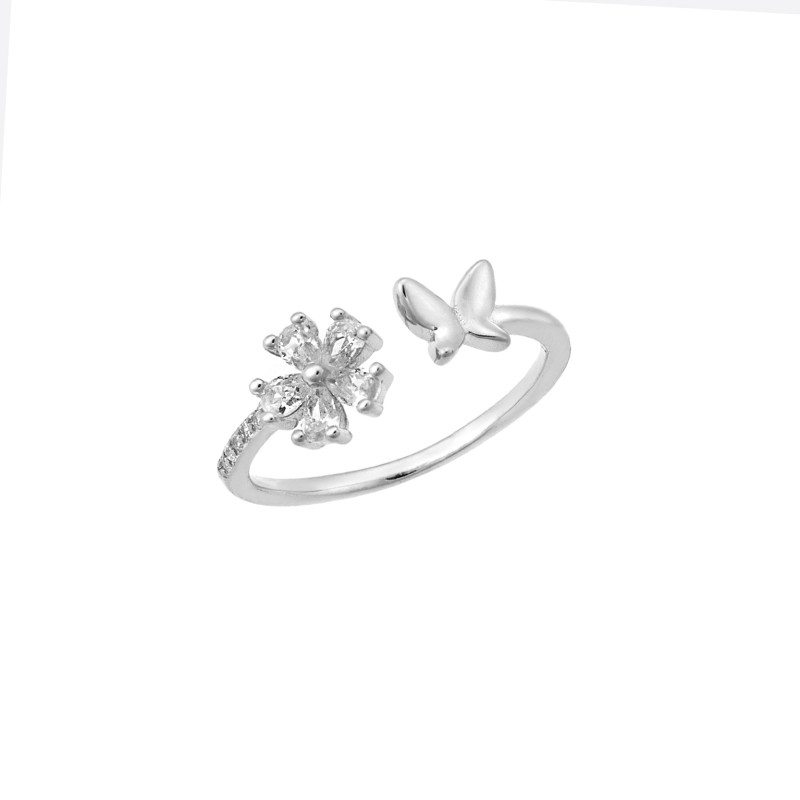 Δαχτυλίδι  ασήμι 925, πεταλούδα με λουλούδι και λευκά ζιργκόν