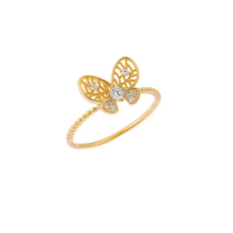 Δαχτυλίδι  κίτρινο επιχρυσωμένο ασήμι 925, πεταλούδα με λευκά ζιργκόν