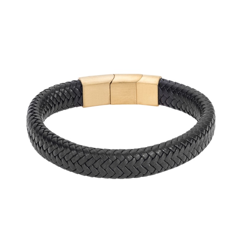 Βραχιόλι  Men's Stainless Steel – Black Leather Strap