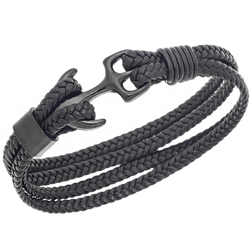 Βραχιόλι  Men's Steel Black Leather Strap