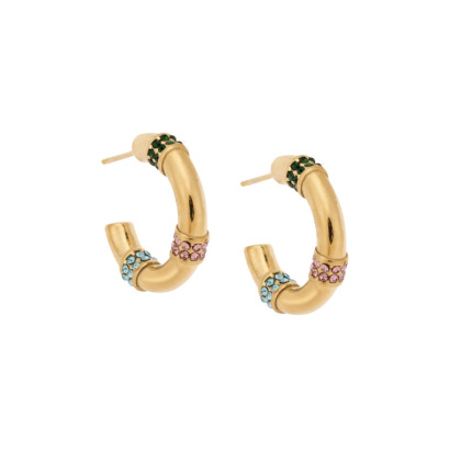 Σκουλαρίκια Γυναικεία  κρίκοι από επιχρυσωμένο Ατσάλι, με πολύχρωμες πέτρες
