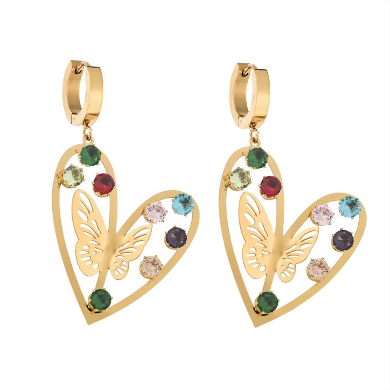 Σκουλαρίκια Γυναικεία  κρίκοι από επιχρυσωμένο Ατσάλι, καρδιά με πεταλούδα & πολύχρωμες πέτρες