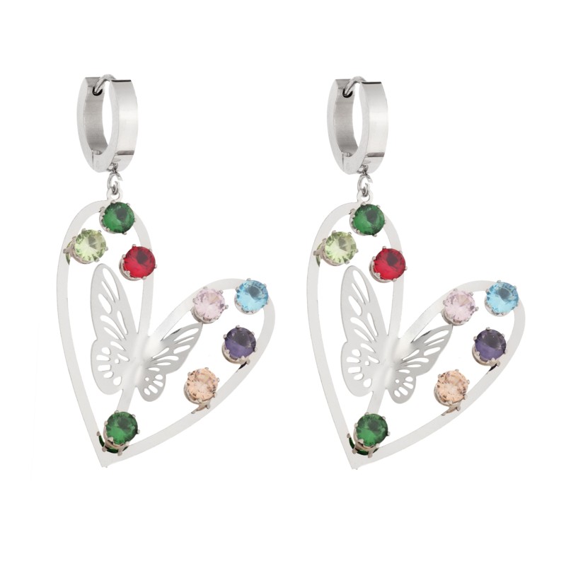 Σκουλαρίκια Γυναικεία  κρίκοι από Ατσάλι, καρδιά με πεταλούδα & πολύχρωμες πέτρες